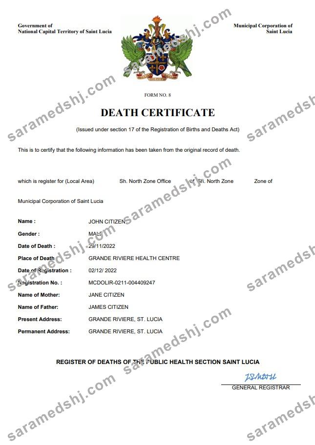 Saint Lucia death certificate Word and PDF template